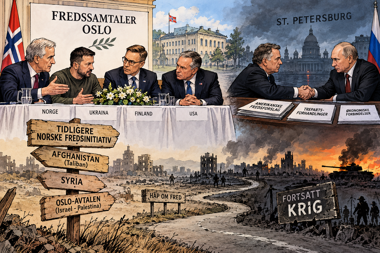 Politisk illustrasjon av fredssamtaler i Oslo med norske, ukrainske, finske og amerikanske representanter, parallelt med amerikansk-russiske forhandlinger i St. Petersburg. I forgrunnen leder en vei gjennom krigsruiner fra håp om fred mot fortsatt krig.