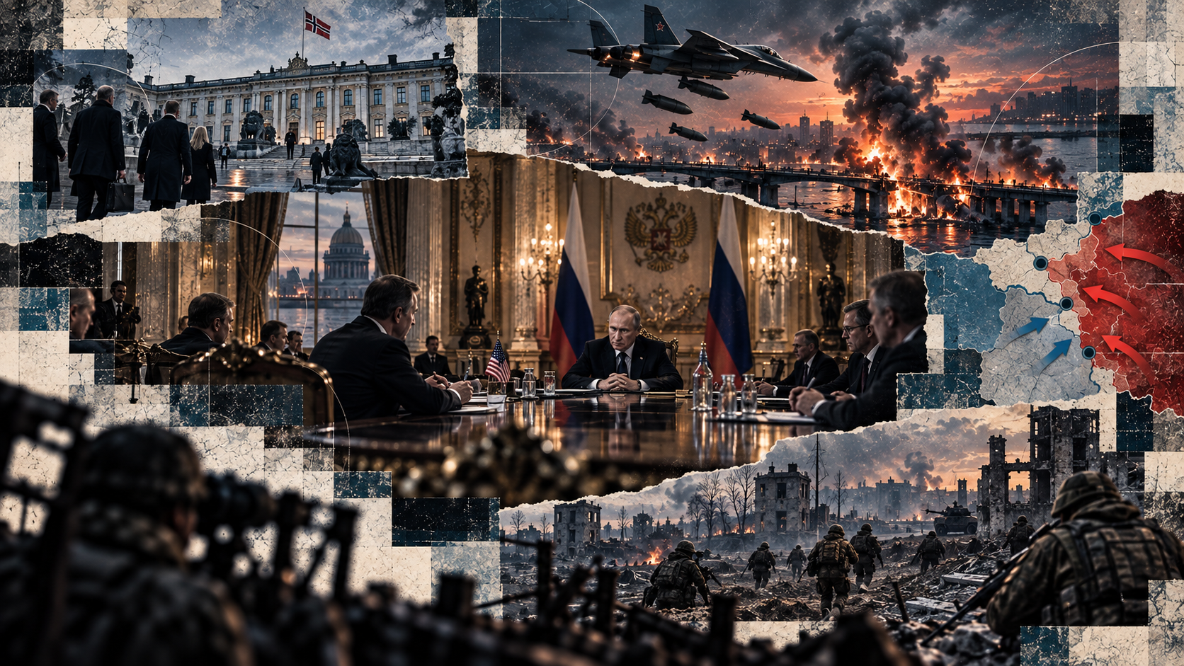 Redaksjonell kollasj med Putin i møte med amerikanske utsendinger i St. Petersburg, russiske kampfly over en rammet bro, frontkart over Ukraina og soldater i ruinene ved fronten.