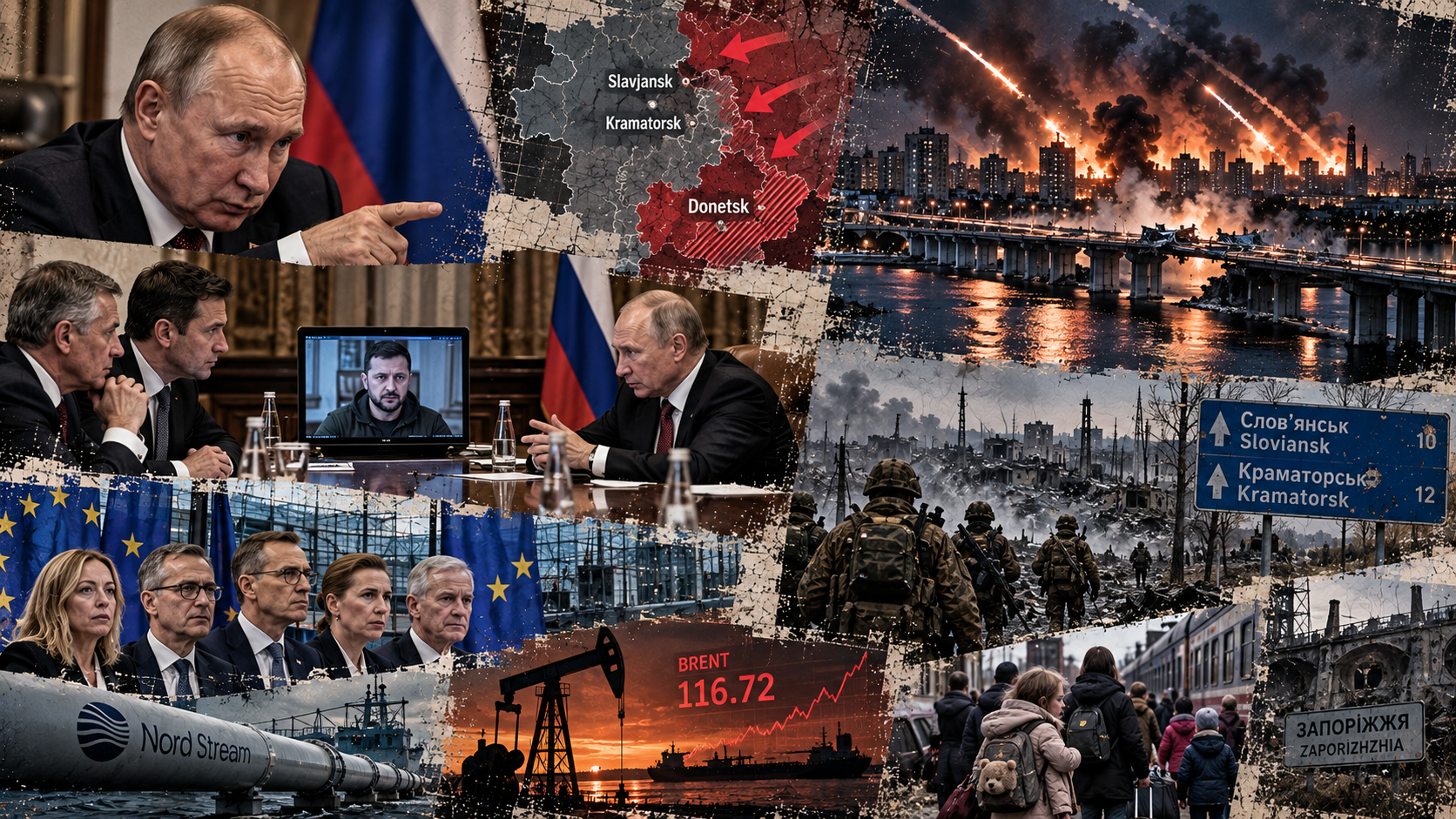 Redaksjonell kollasj med Putin i møte, frontkart over Donbas med Slavjansk og Kramatorsk, russiske soldater i ruinlandskap, missilangrep mot ukrainske byer, evakuerende sivile og energiinfrastruktur i brann.