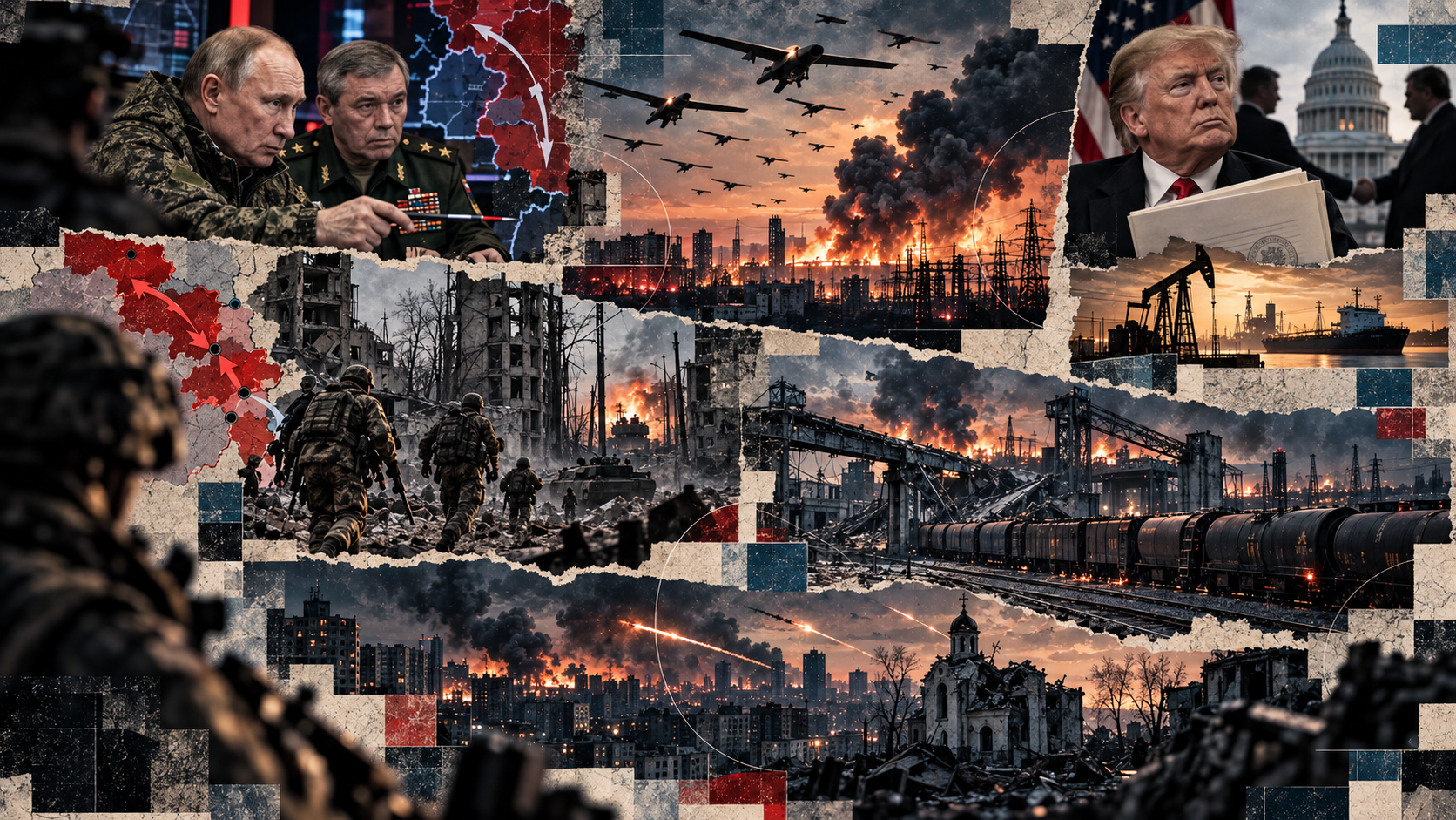 Redaksjonell kollasj med Putin og Gerasimov ved et militært kart, dronesvermer over brennende ukrainsk infrastruktur, russiske soldater i ruiner, ødelagt jernbane og oljeinstallasjoner, samt Trump med dokumenter foran Capitol.