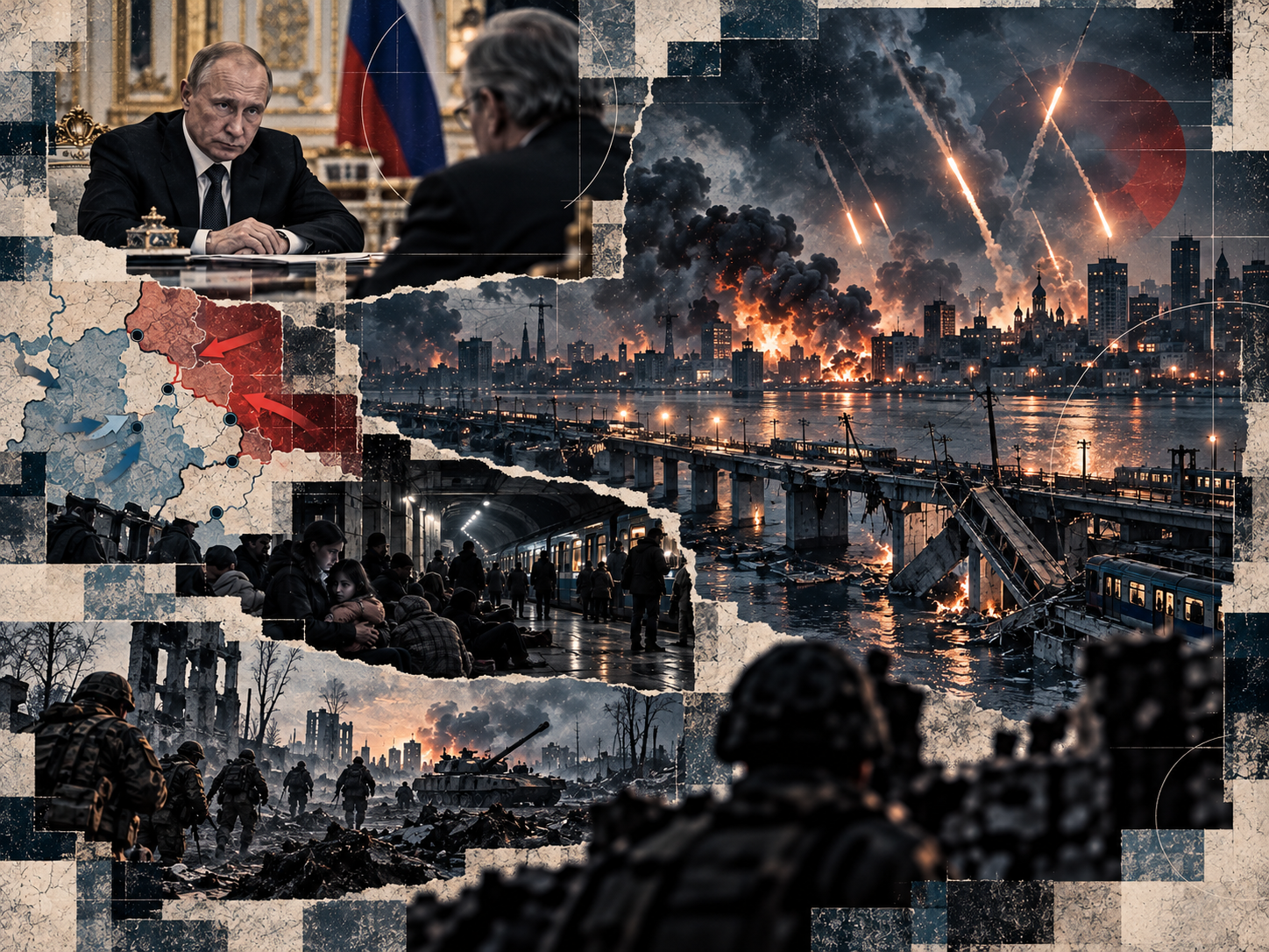 Redaksjonell kollasj med Putin i samtaler med amerikanske utsendinger, ballistiske missiler over Kiev, en skadet bro og metroforbindelse over Dnepr, sivile i undergrunnen og russiske styrker ved fronten.
