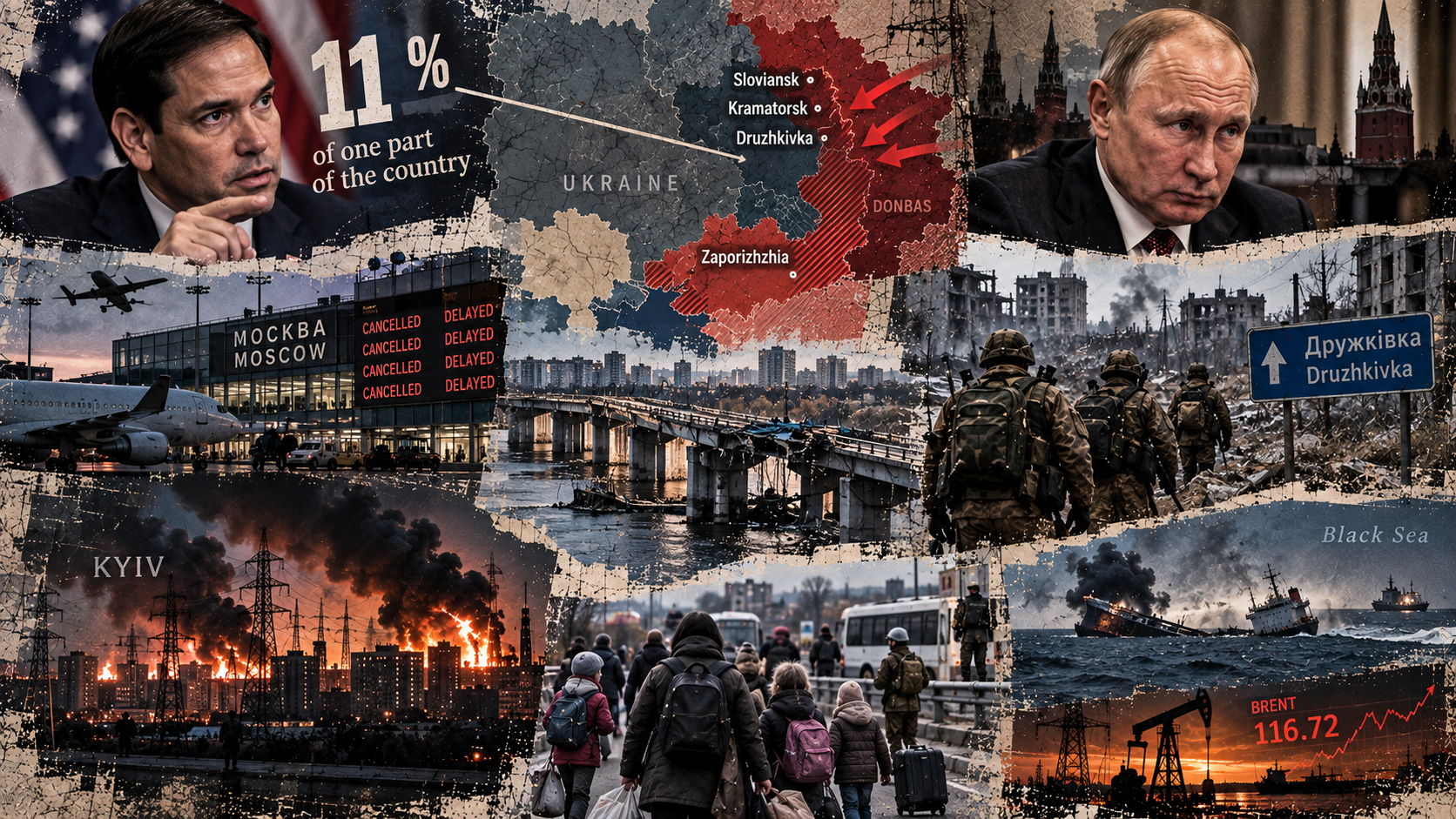 Redaksjonell kollasj med Rubio og Putin, kart over Ukraina og Donbas, russisk fremrykning mot Slavjansk, Kramatorsk og Druzjkivka, angrep mot Kievs kraftnett, stengte Moskva-flyplasser og et rammet skip i Svartehavet.