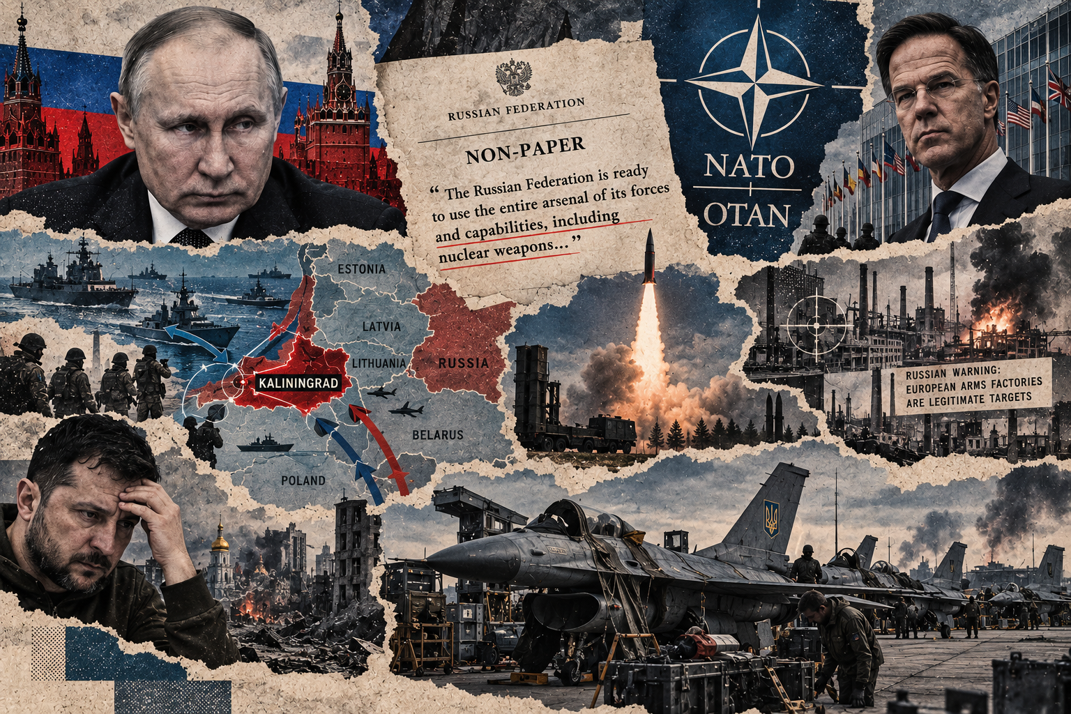 Redaksjonell kollasj med Vladimir Putin, NATO-symbolikk, kart over Kaliningrad og Baltikum, russiske missilsystemer, europeisk våpenindustri og ukrainske F-16-fly på bakken.