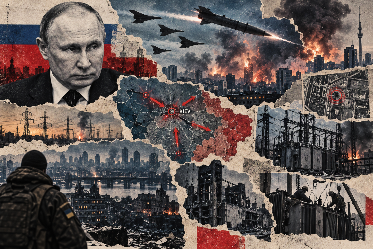 Redaksjonell kollasj med Vladimir Putin, russiske missiler over Kyiv, kart med fremrykningsakser, ødelagte kraftanlegg og transformatorer, samt en ukrainsk soldat foran en krigsrammet by.