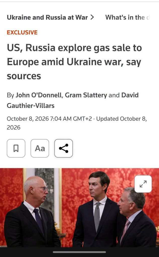 Jared Kushner og Steve Witkoff i samtale med en tredje representant under et møte. Amerikansk-russiske forhandlinger kan åpne for samarbeid om gasseksport til Europa.