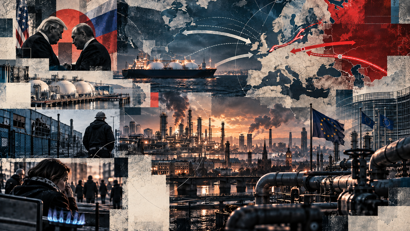 Illustrasjon av Donald Trump og Vladimir Putin, LNG-skip, gassrørledninger og europeisk industri. Kart og handelsruter symboliserer mulig amerikansk-russisk samarbeid om gasseksport til Europa.