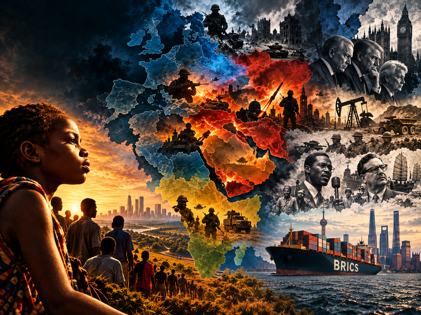 Editorial illustration depicting conflicts across Europe, the Middle East and Africa, with soldiers, Western political leaders, oil infrastructure and a BRICS cargo ship symbolising a changing global order.