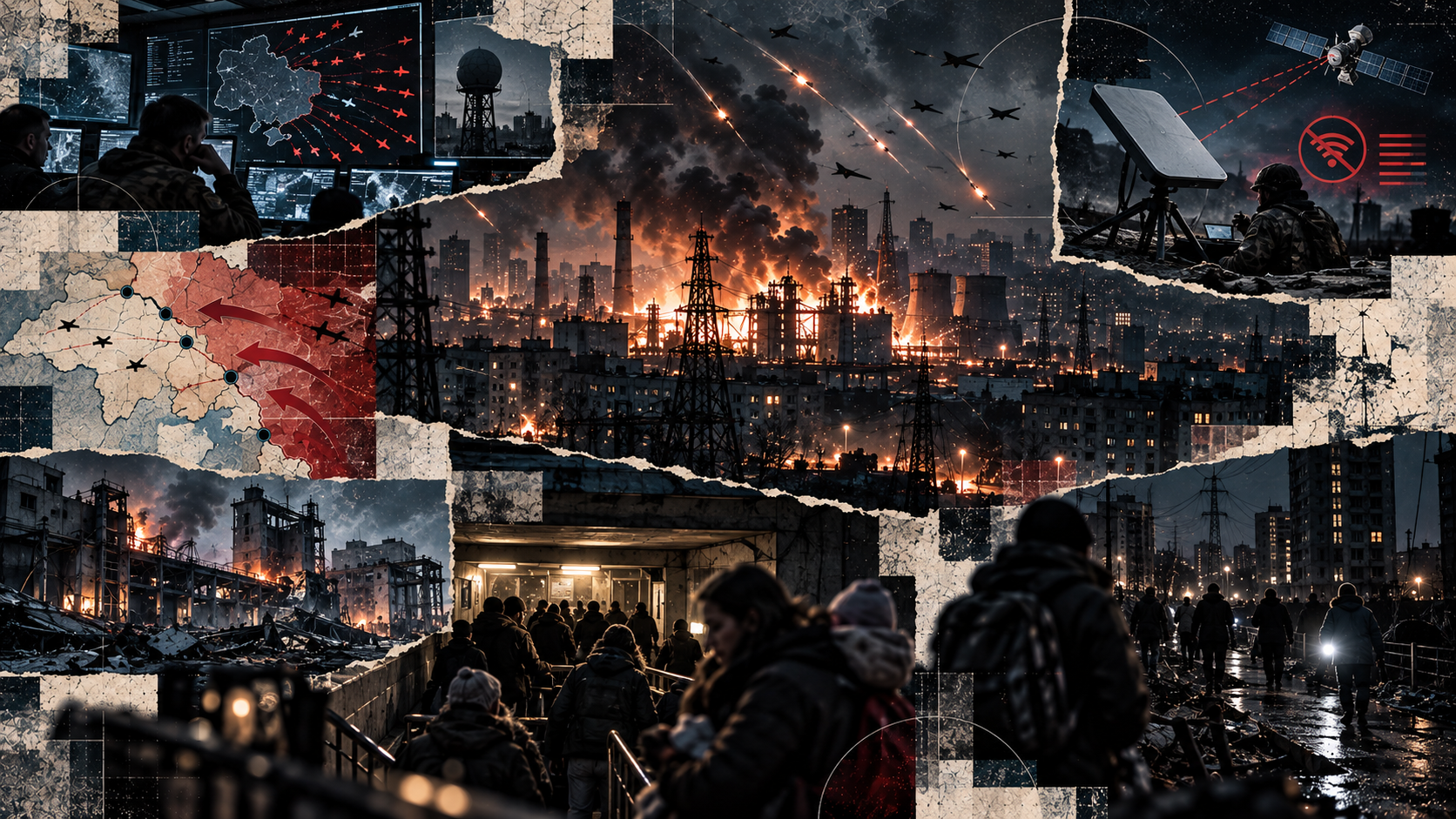 Kollasj i mørk, papirpreget stil som viser Kiev under nattlige angrep, med eksplosjoner, energiinfrastruktur i brann, missiler over byen og militære motiver i bakgrunnen.