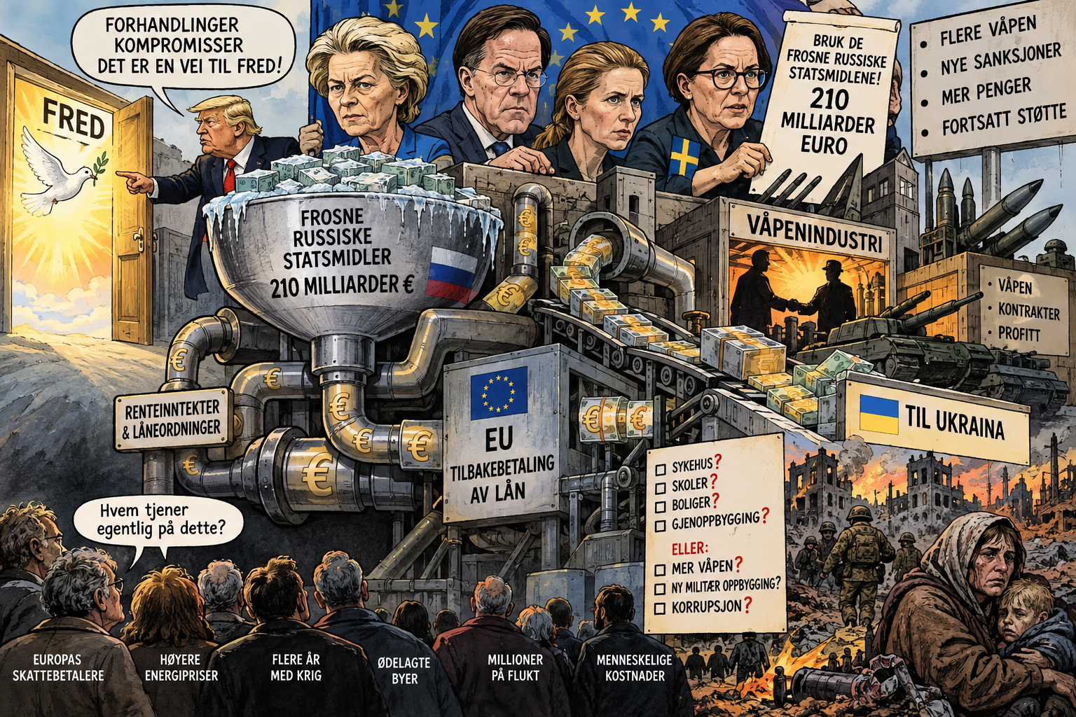 Politisk satiretegning der Donald Trump peker mot en åpen dør merket «Fred», mens europeiske ledere står bak et anlegg som kanaliserer frosne russiske statsmidler til våpenindustrien og Ukraina. I forgrunnen står europeiske skattebetalere, mens krigens ødeleggelser vises i bakgrunnen.