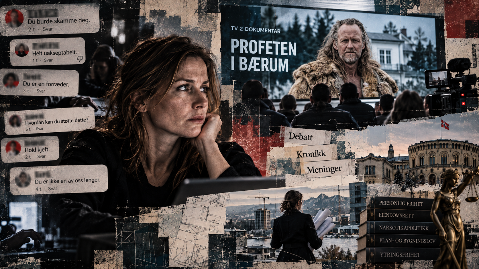 Redaksjonell kollasj med en kvinne foran en datamaskin omgitt av hatefulle meldinger, TV 2-dokumentaren «Profeten i Bærum», Stortinget, arkitekttegninger og symboler på ytringsfrihet, eiendomsrett og rettsstat.