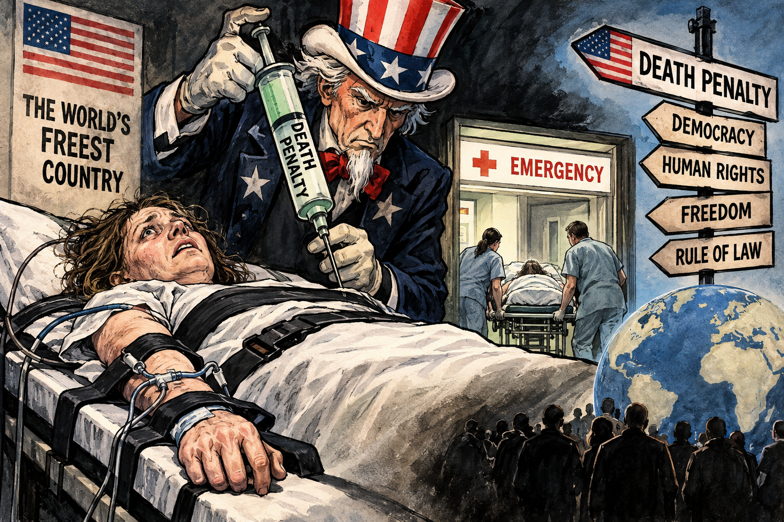 Illustrasjon av Onkel Sam som setter en sprøyte merket «Death Penalty» i en fastspent pasient, mens skilt viser mot «Democracy», «Human Rights», «Freedom» og «Rule of Law».