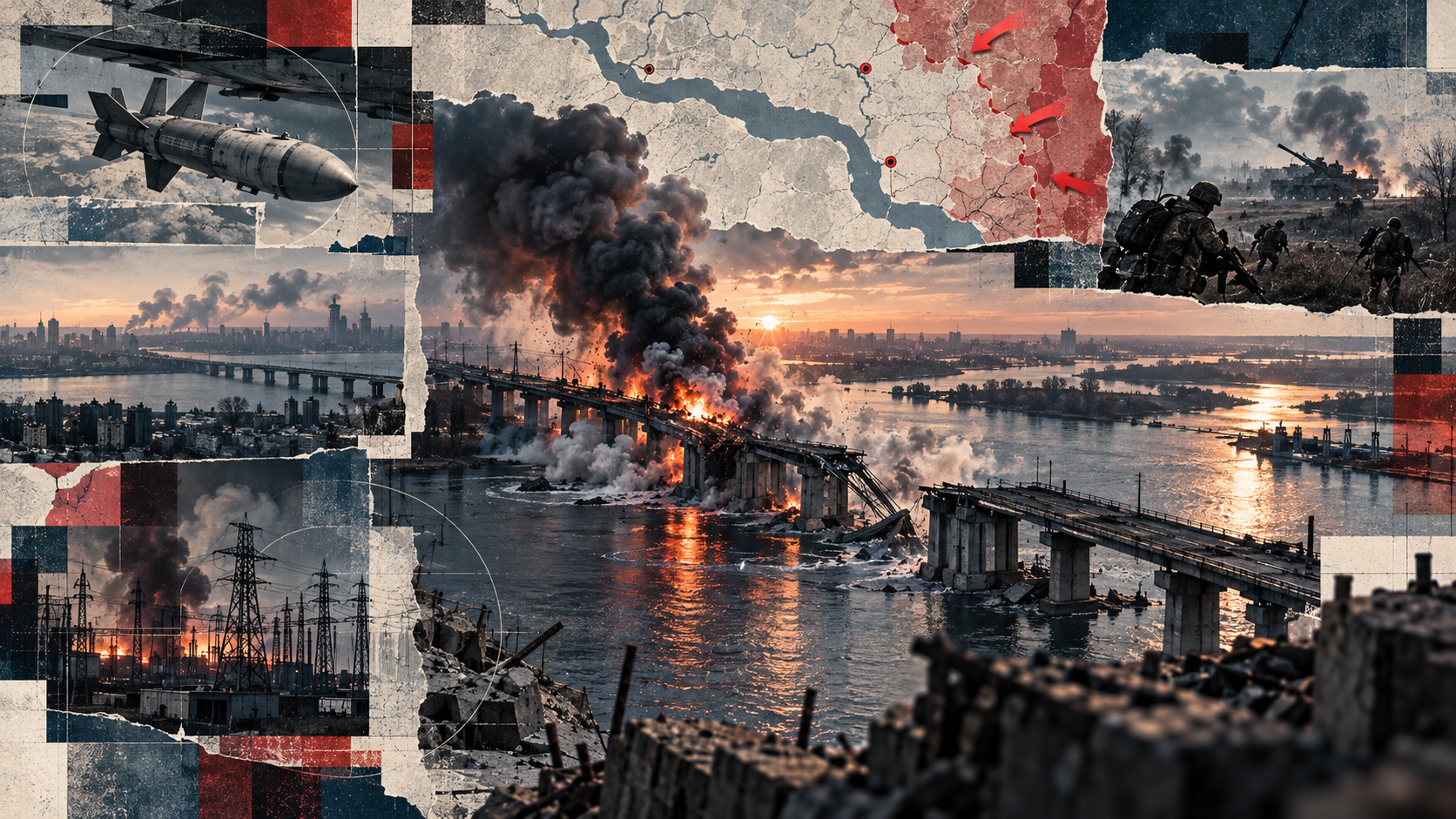 Collage illustration of a damaged bridge over the Dnieper in Zaporozhe, with smoke, destruction and war scenes showing the Russian air campaign and the pressure on Ukrainian infrastructure.