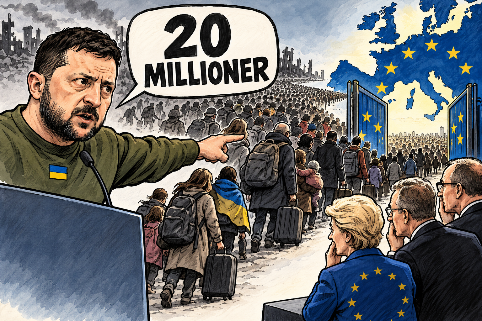 Politisk satire av Volodymyr Zelenskyj som peker mot Europa under en snakkeboble med teksten «20 millioner». Store folkemengder beveger seg mot EUs grenser, mens europeiske ledere betrakter situasjonen.
